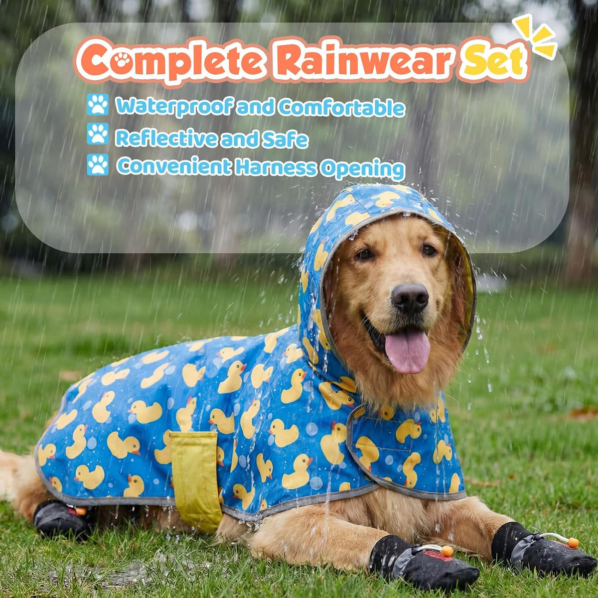 Waterproof Dog Raincoat Shoes 50-70lbs, Poncho Single Side