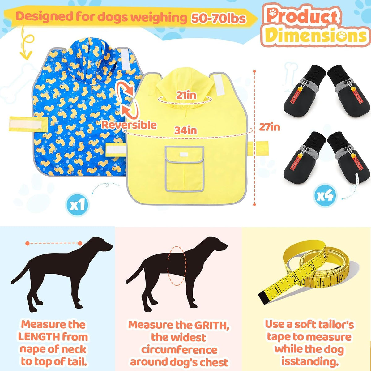 Waterproof Dog Raincoat Shoes 50-70lbs, Poncho Single Side