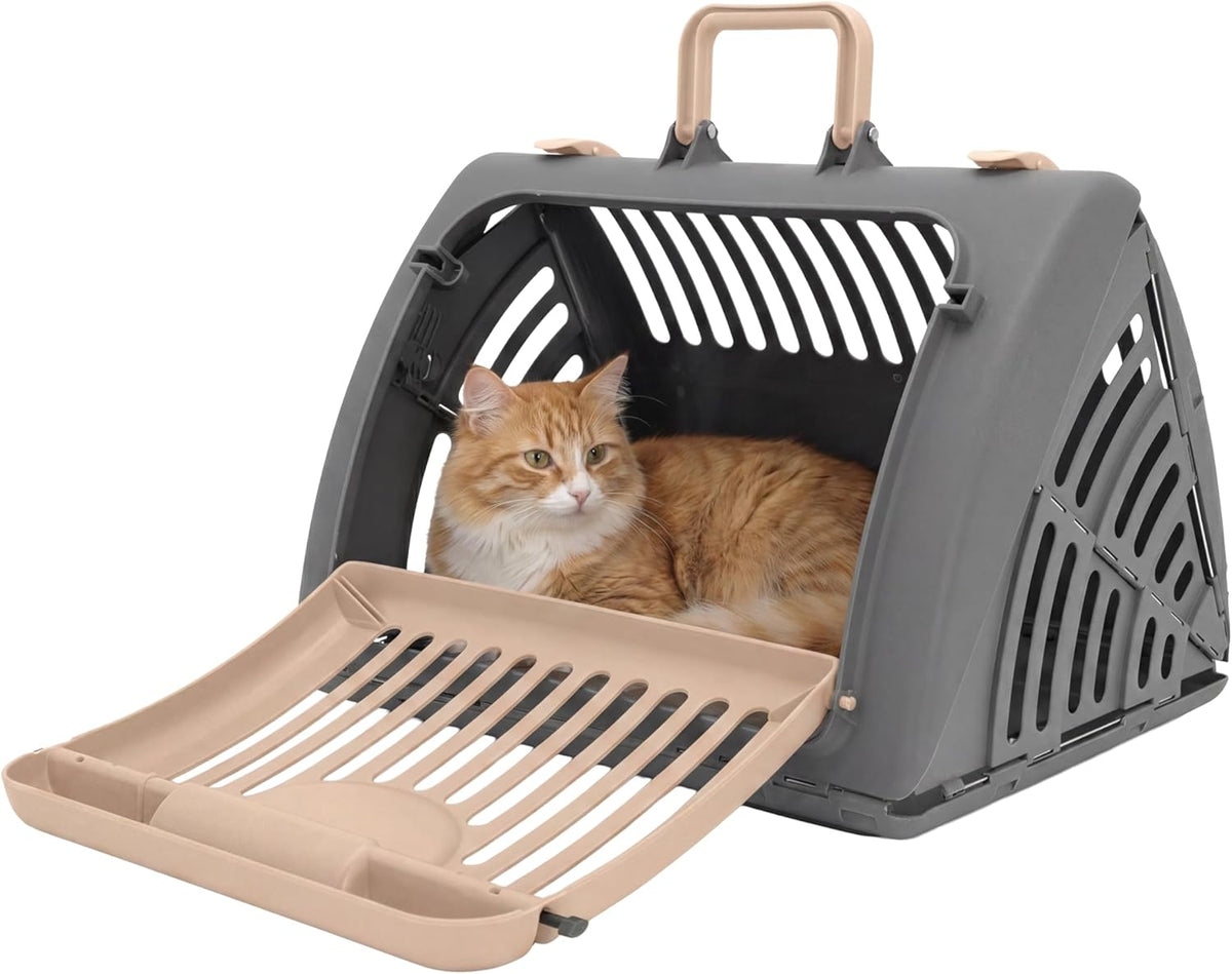 Foldable Travel Cat Carrier - Front Door Plastic Collapsible Carrier, Gray and Tan, Medium (Pack of 1)