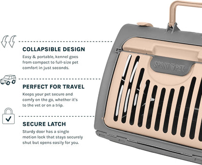 Foldable Travel Cat Carrier - Front Door Plastic Collapsible Carrier, Gray and Tan, Medium (Pack of 1)