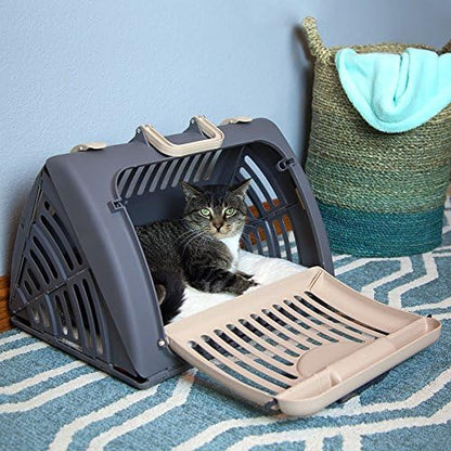 Foldable Travel Cat Carrier - Front Door Plastic Collapsible Carrier, Gray and Tan, Medium (Pack of 1)