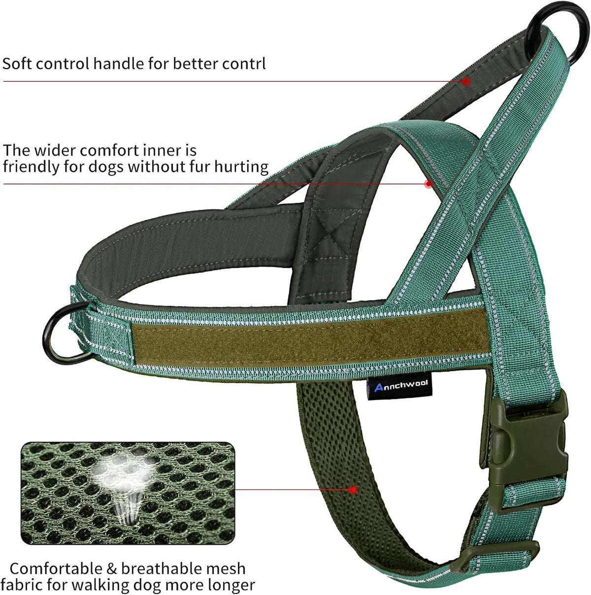 No Pull Dog Harness with Soft Padded Handle,Reflective Strip Escape Proof and Quick Fit to Adjust Harness,Easy for Training Walking for Small & Medium and Large Dogs(Green,L)