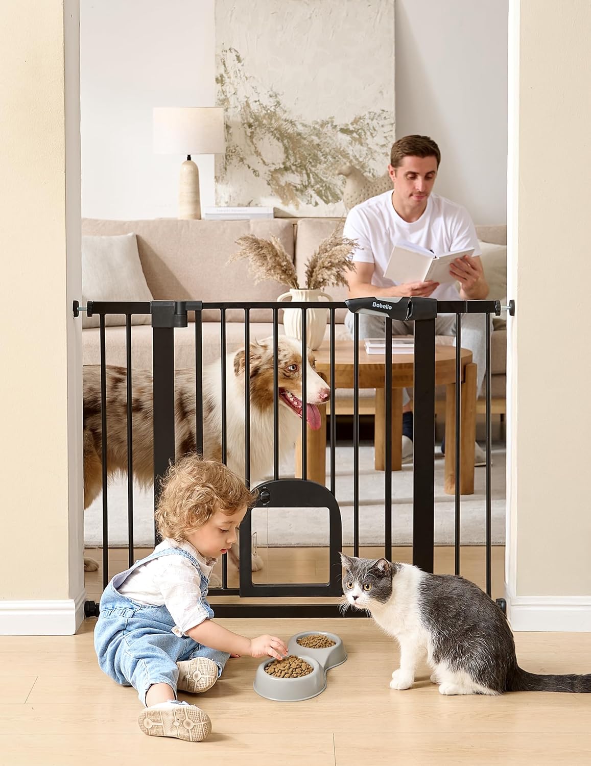Upgraded Baby Gate with Adjustable Cat Door, CatPrivilege Ⅲ, 29-43" Auto Close Durable Dog Gate for Stairs, Doorways and House, Easy Walk Thru Safety Gate with Pet Door, White