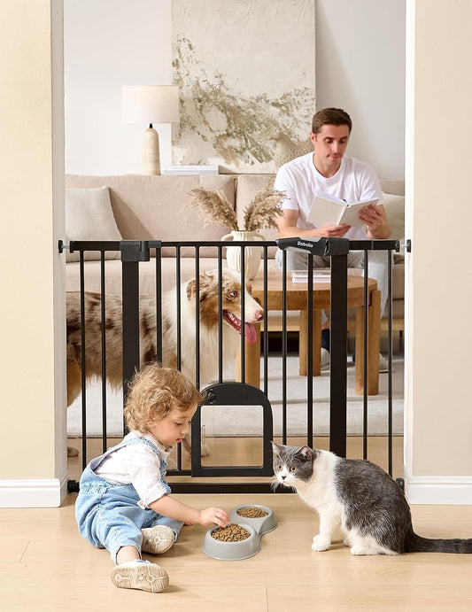 Upgraded Baby Gate with Adjustable Cat Door, CatPrivilege Ⅲ, 29-43" Auto Close Durable Dog Gate for Stairs, Doorways and House, Easy Walk Thru Safety Gate with Pet Door, White