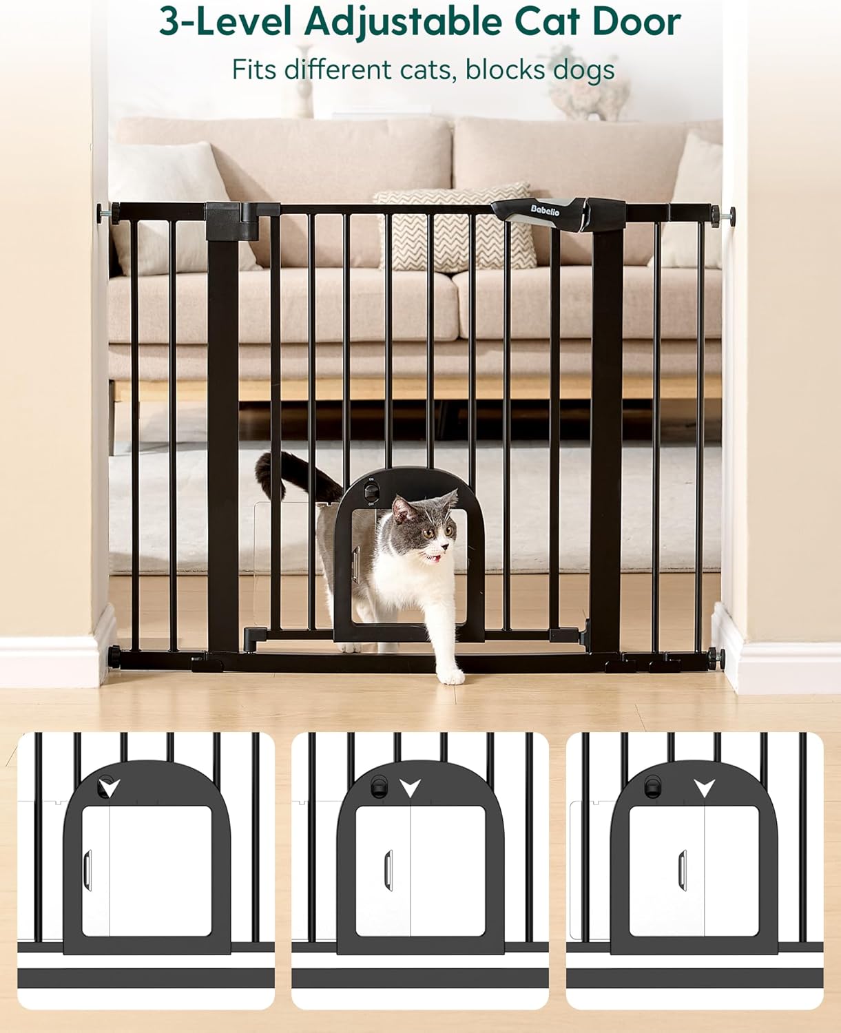 Upgraded Baby Gate with Adjustable Cat Door, CatPrivilege Ⅲ, 29-43" Auto Close Durable Dog Gate for Stairs, Doorways and House, Easy Walk Thru Safety Gate with Pet Door, White