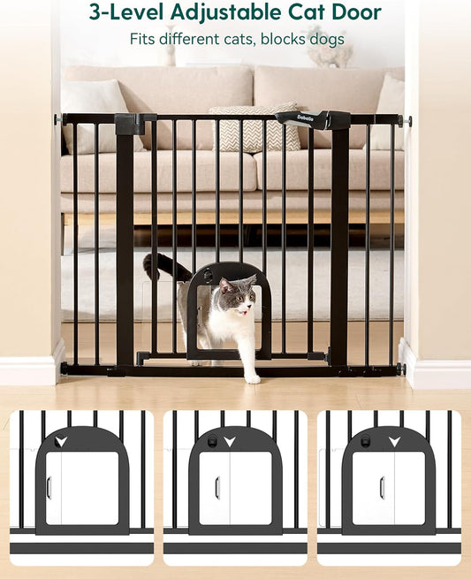 Upgraded Baby Gate with Adjustable Cat Door, CatPrivilege Ⅲ, 29-43" Auto Close Durable Dog Gate for Stairs, Doorways and House, Easy Walk Thru Safety Gate with Pet Door, White