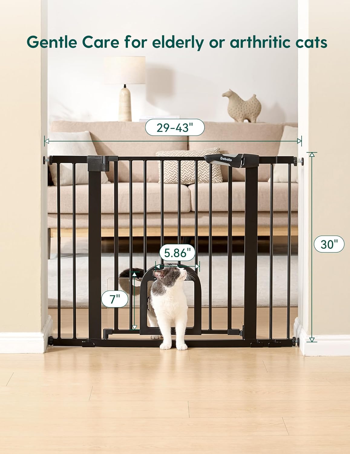 Upgraded Baby Gate with Adjustable Cat Door, CatPrivilege Ⅲ, 29-43" Auto Close Durable Dog Gate for Stairs, Doorways and House, Easy Walk Thru Safety Gate with Pet Door, White