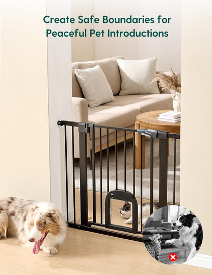 Upgraded Baby Gate with Adjustable Cat Door, CatPrivilege Ⅲ, 29-43" Auto Close Durable Dog Gate for Stairs, Doorways and House, Easy Walk Thru Safety Gate with Pet Door, White