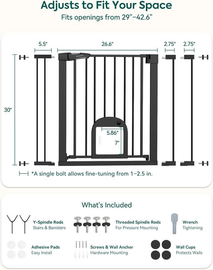 Upgraded Baby Gate with Adjustable Cat Door, CatPrivilege Ⅲ, 29-43" Auto Close Durable Dog Gate for Stairs, Doorways and House, Easy Walk Thru Safety Gate with Pet Door, White