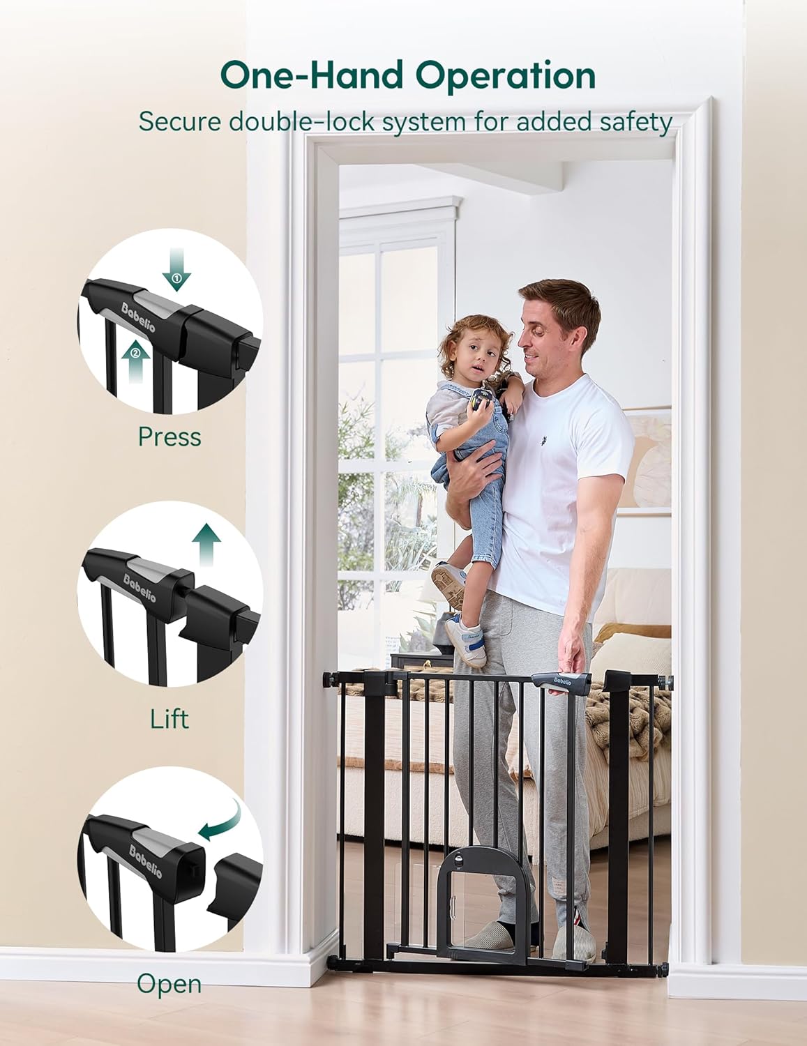 Upgraded Baby Gate with Adjustable Cat Door, CatPrivilege Ⅲ, 29-43" Auto Close Durable Dog Gate for Stairs, Doorways and House, Easy Walk Thru Safety Gate with Pet Door, White