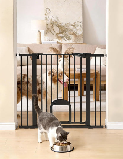 Upgraded Baby Gate with Adjustable Cat Door, CatPrivilege Ⅲ, 29-43" Auto Close Durable Dog Gate for Stairs, Doorways and House, Easy Walk Thru Safety Gate with Pet Door, White