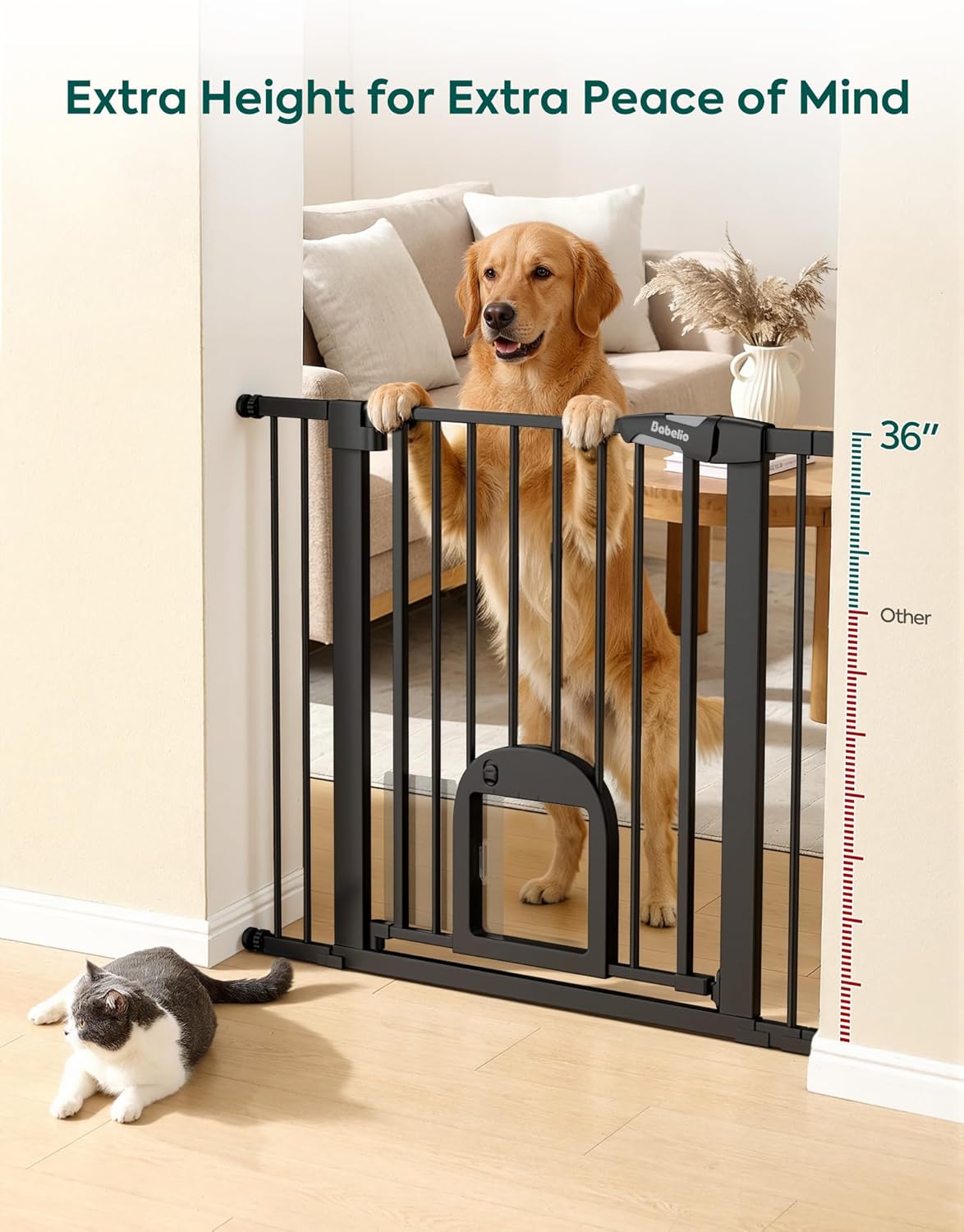 Upgraded Baby Gate with Adjustable Cat Door, CatPrivilege Ⅲ, 29-43" Auto Close Durable Dog Gate for Stairs, Doorways and House, Easy Walk Thru Safety Gate with Pet Door, White