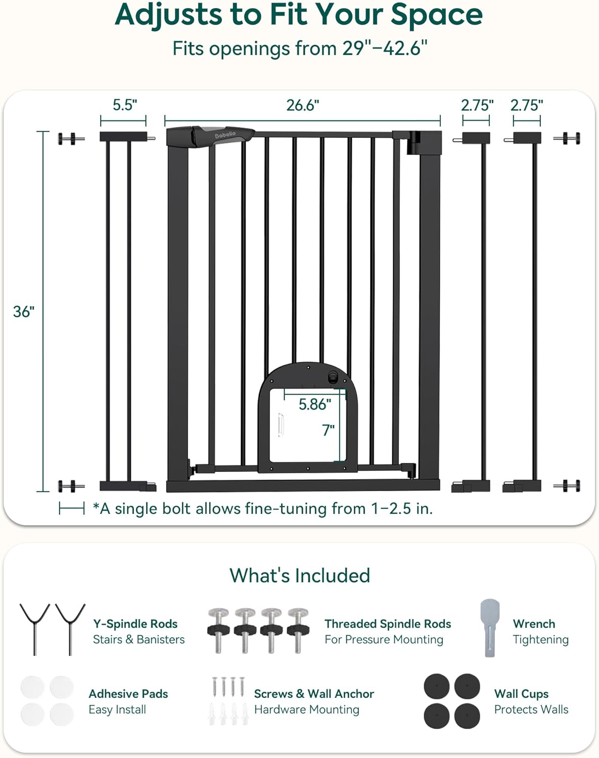Upgraded Baby Gate with Adjustable Cat Door, CatPrivilege Ⅲ, 29-43" Auto Close Durable Dog Gate for Stairs, Doorways and House, Easy Walk Thru Safety Gate with Pet Door, White