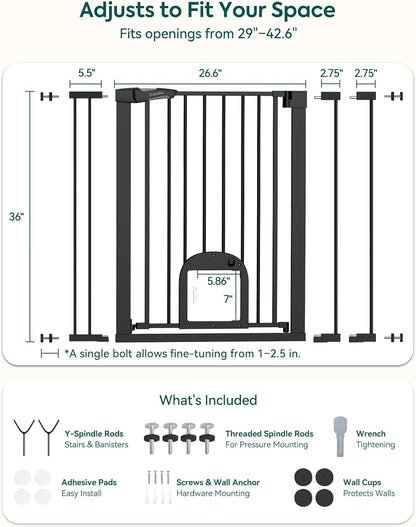 Upgraded Baby Gate with Adjustable Cat Door, CatPrivilege Ⅲ, 29-43" Auto Close Durable Dog Gate for Stairs, Doorways and House, Easy Walk Thru Safety Gate with Pet Door, White