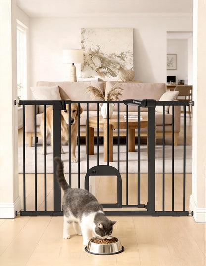 Upgraded Baby Gate with Adjustable Cat Door, CatPrivilege Ⅲ, 29-43" Auto Close Durable Dog Gate for Stairs, Doorways and House, Easy Walk Thru Safety Gate with Pet Door, White