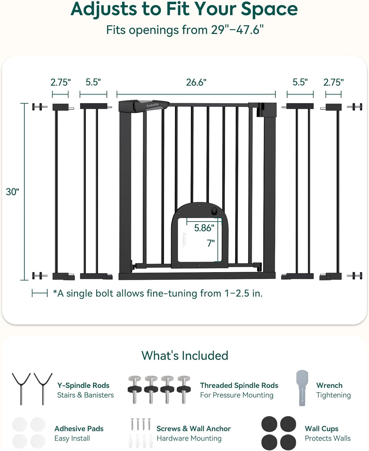 Upgraded Baby Gate with Adjustable Cat Door, CatPrivilege Ⅲ, 29-43" Auto Close Durable Dog Gate for Stairs, Doorways and House, Easy Walk Thru Safety Gate with Pet Door, White