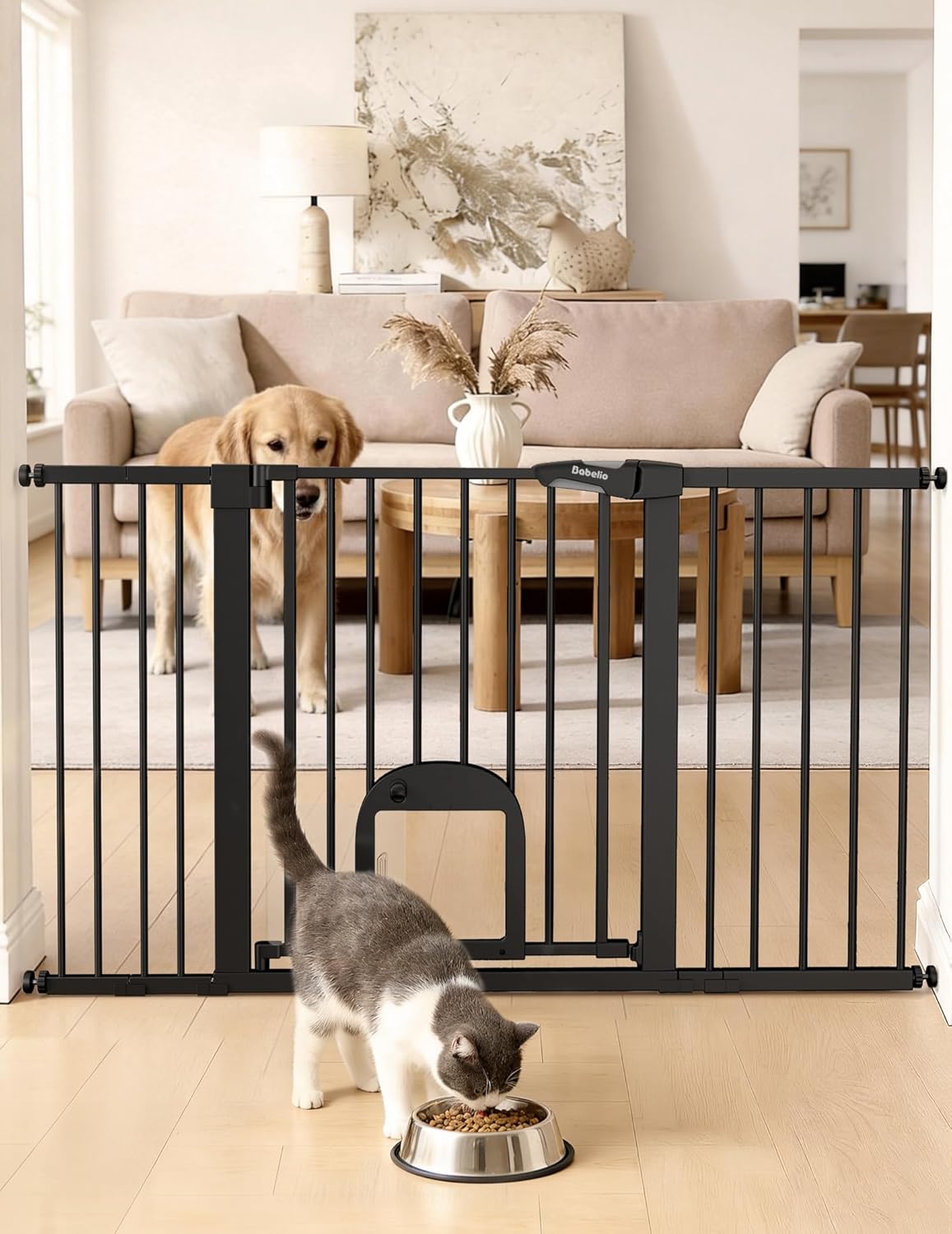 Upgraded Baby Gate with Adjustable Cat Door, CatPrivilege Ⅲ, 29-43" Auto Close Durable Dog Gate for Stairs, Doorways and House, Easy Walk Thru Safety Gate with Pet Door, White