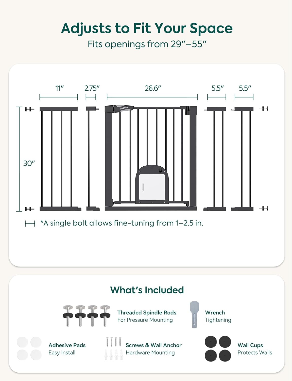 Upgraded Baby Gate with Adjustable Cat Door, CatPrivilege Ⅲ, 29-43" Auto Close Durable Dog Gate for Stairs, Doorways and House, Easy Walk Thru Safety Gate with Pet Door, White