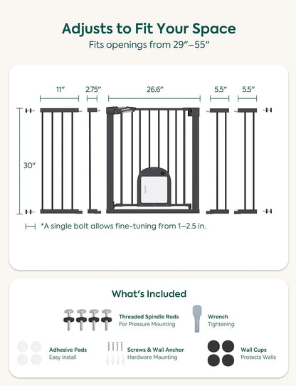 Upgraded Baby Gate with Adjustable Cat Door, CatPrivilege Ⅲ, 29-43" Auto Close Durable Dog Gate for Stairs, Doorways and House, Easy Walk Thru Safety Gate with Pet Door, White