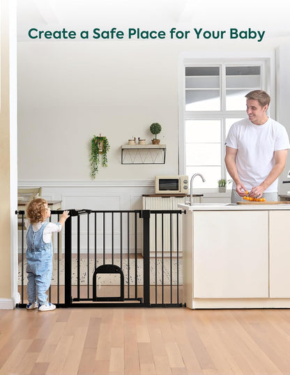 Upgraded Baby Gate with Adjustable Cat Door, CatPrivilege Ⅲ, 29-43" Auto Close Durable Dog Gate for Stairs, Doorways and House, Easy Walk Thru Safety Gate with Pet Door, White