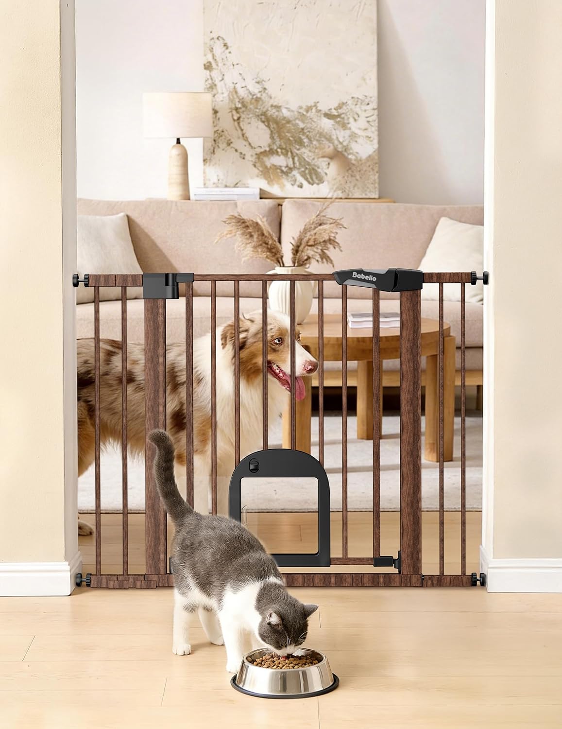 Upgraded Baby Gate with Adjustable Cat Door, CatPrivilege Ⅲ, 29-43" Auto Close Durable Dog Gate for Stairs, Doorways and House, Easy Walk Thru Safety Gate with Pet Door, White