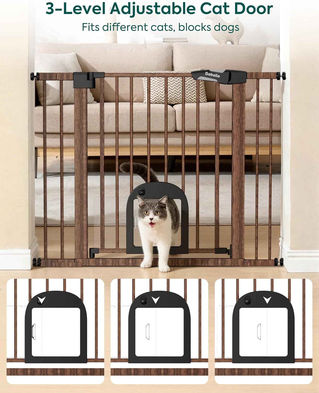 Upgraded Baby Gate with Adjustable Cat Door, CatPrivilege Ⅲ, 29-43" Auto Close Durable Dog Gate for Stairs, Doorways and House, Easy Walk Thru Safety Gate with Pet Door, White