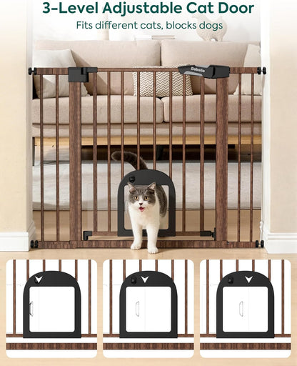Upgraded Baby Gate with Adjustable Cat Door, CatPrivilege Ⅲ, 29-43" Auto Close Durable Dog Gate for Stairs, Doorways and House, Easy Walk Thru Safety Gate with Pet Door, White
