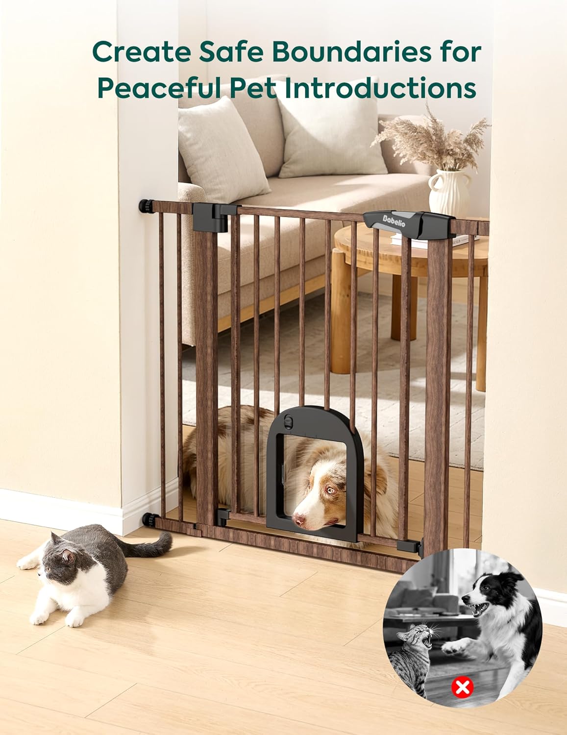 Upgraded Baby Gate with Adjustable Cat Door, CatPrivilege Ⅲ, 29-43" Auto Close Durable Dog Gate for Stairs, Doorways and House, Easy Walk Thru Safety Gate with Pet Door, White