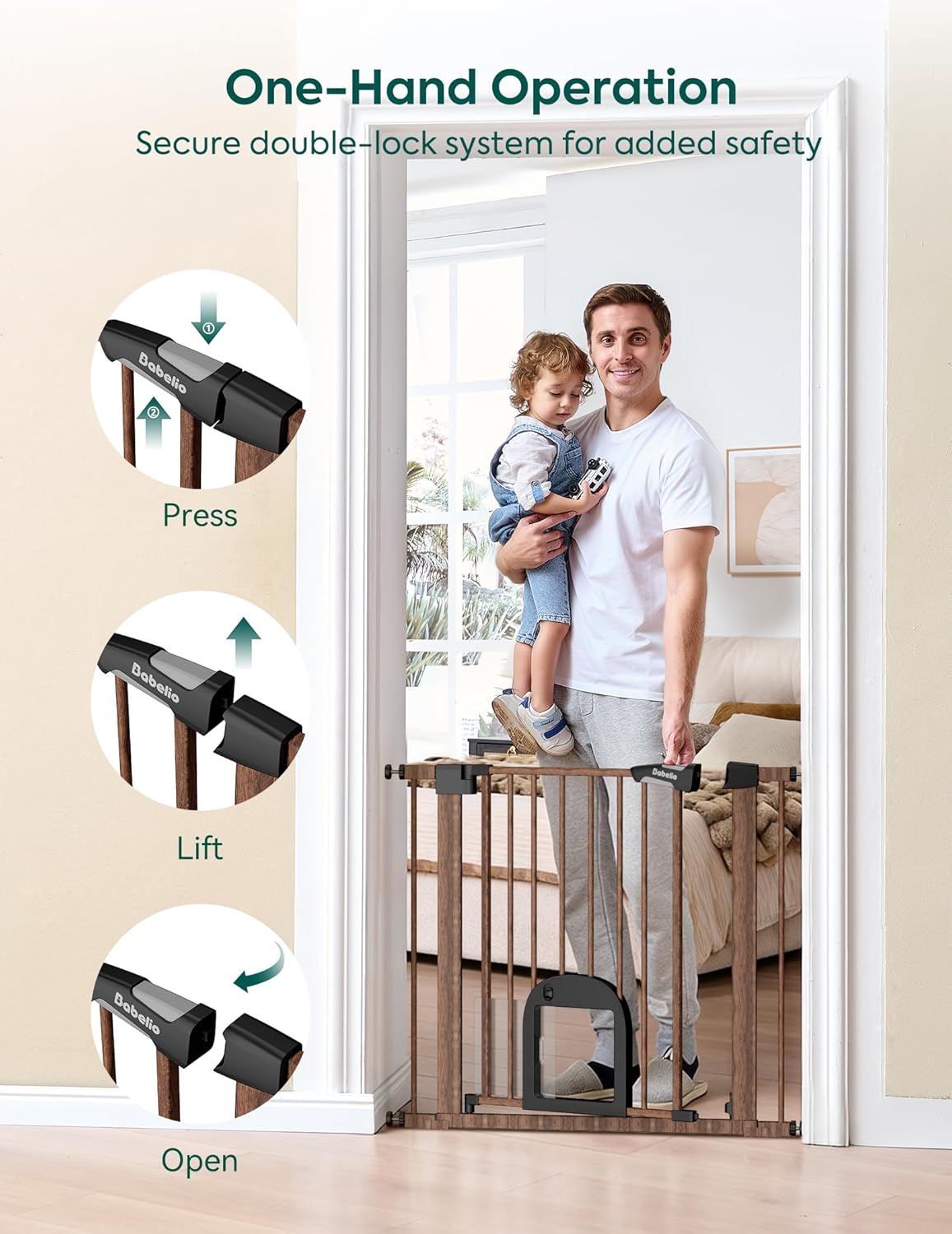 Upgraded Baby Gate with Adjustable Cat Door, CatPrivilege Ⅲ, 29-43" Auto Close Durable Dog Gate for Stairs, Doorways and House, Easy Walk Thru Safety Gate with Pet Door, White