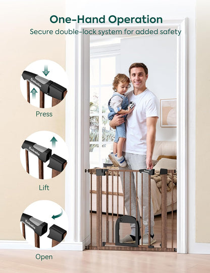 Upgraded Baby Gate with Adjustable Cat Door, CatPrivilege Ⅲ, 29-43" Auto Close Durable Dog Gate for Stairs, Doorways and House, Easy Walk Thru Safety Gate with Pet Door, White