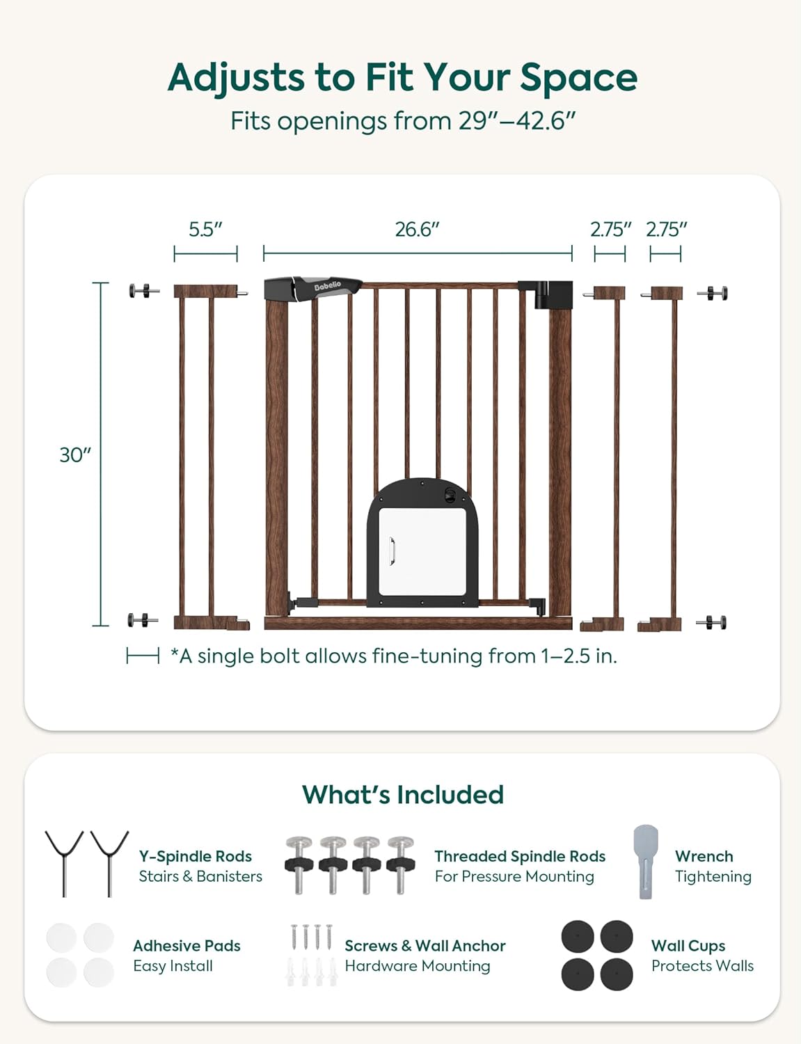 Upgraded Baby Gate with Adjustable Cat Door, CatPrivilege Ⅲ, 29-43" Auto Close Durable Dog Gate for Stairs, Doorways and House, Easy Walk Thru Safety Gate with Pet Door, White