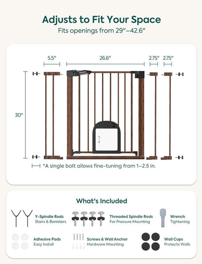 Upgraded Baby Gate with Adjustable Cat Door, CatPrivilege Ⅲ, 29-43" Auto Close Durable Dog Gate for Stairs, Doorways and House, Easy Walk Thru Safety Gate with Pet Door, White