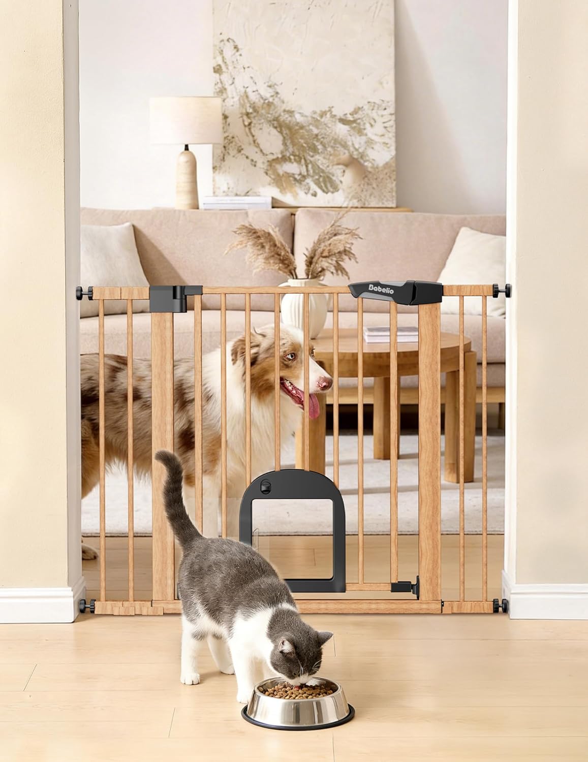 Upgraded Baby Gate with Adjustable Cat Door, CatPrivilege Ⅲ, 29-43" Auto Close Durable Dog Gate for Stairs, Doorways and House, Easy Walk Thru Safety Gate with Pet Door, White