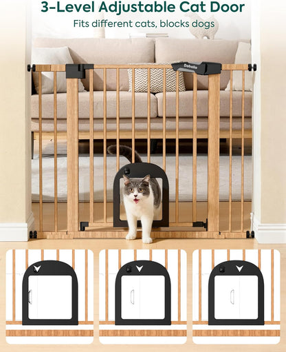Upgraded Baby Gate with Adjustable Cat Door, CatPrivilege Ⅲ, 29-43" Auto Close Durable Dog Gate for Stairs, Doorways and House, Easy Walk Thru Safety Gate with Pet Door, White