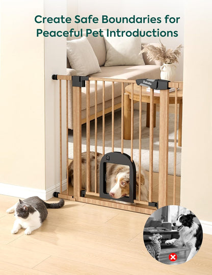 Upgraded Baby Gate with Adjustable Cat Door, CatPrivilege Ⅲ, 29-43" Auto Close Durable Dog Gate for Stairs, Doorways and House, Easy Walk Thru Safety Gate with Pet Door, White