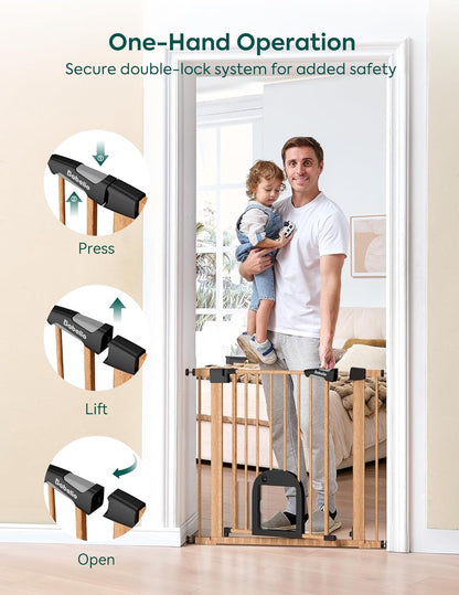 Upgraded Baby Gate with Adjustable Cat Door, CatPrivilege Ⅲ, 29-43" Auto Close Durable Dog Gate for Stairs, Doorways and House, Easy Walk Thru Safety Gate with Pet Door, White