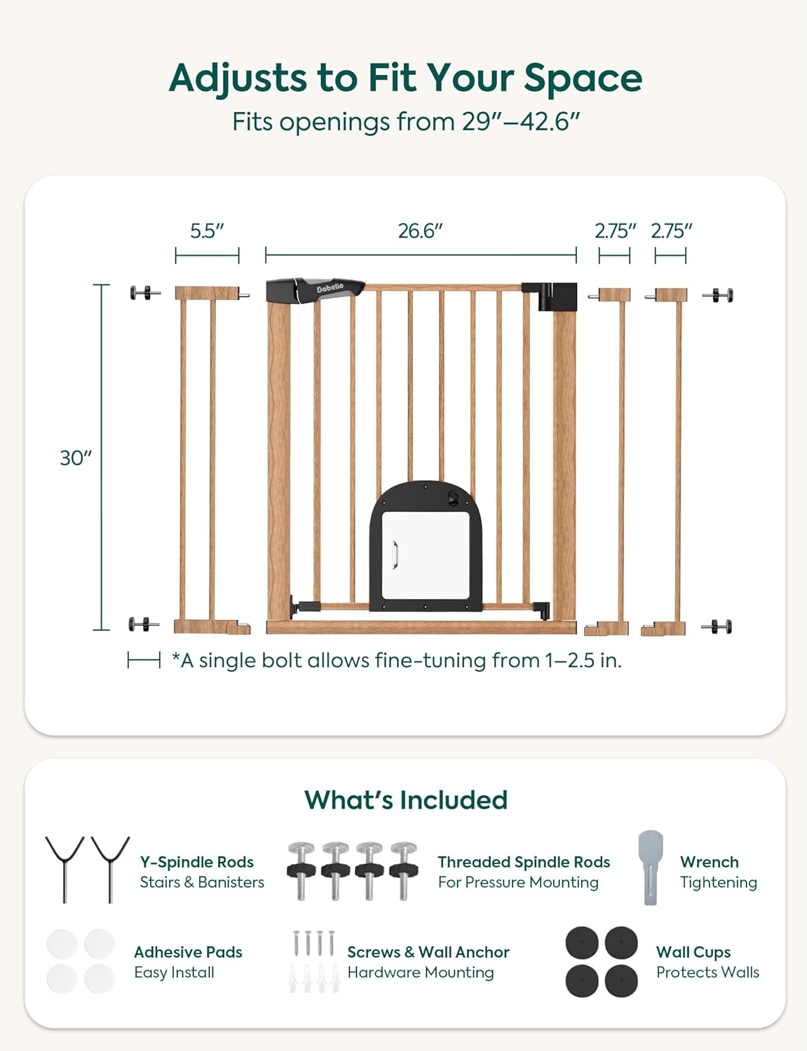 Upgraded Baby Gate with Adjustable Cat Door, CatPrivilege Ⅲ, 29-43" Auto Close Durable Dog Gate for Stairs, Doorways and House, Easy Walk Thru Safety Gate with Pet Door, White