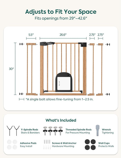 Upgraded Baby Gate with Adjustable Cat Door, CatPrivilege Ⅲ, 29-43" Auto Close Durable Dog Gate for Stairs, Doorways and House, Easy Walk Thru Safety Gate with Pet Door, White