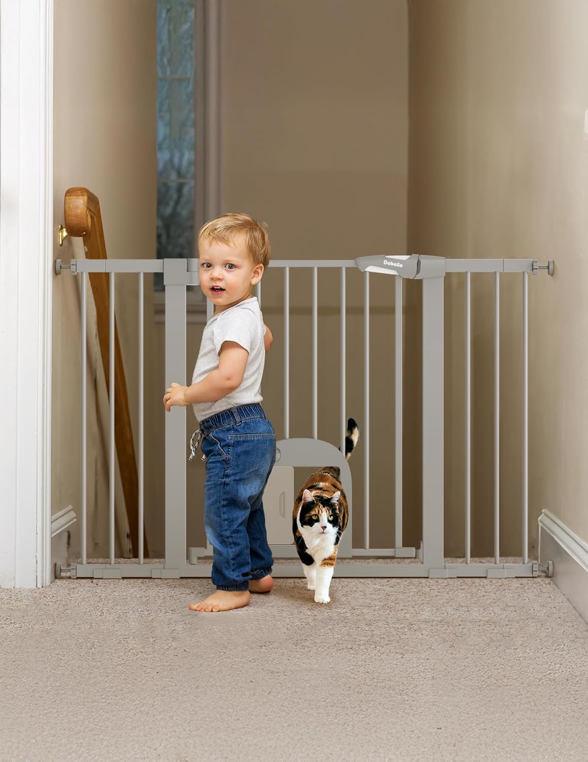 Upgraded Baby Gate with Adjustable Cat Door, CatPrivilege Ⅲ, 29-43" Auto Close Durable Dog Gate for Stairs, Doorways and House, Easy Walk Thru Safety Gate with Pet Door, White