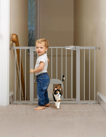 Upgraded Baby Gate with Adjustable Cat Door, CatPrivilege Ⅲ, 29-43" Auto Close Durable Dog Gate for Stairs, Doorways and House, Easy Walk Thru Safety Gate with Pet Door, White