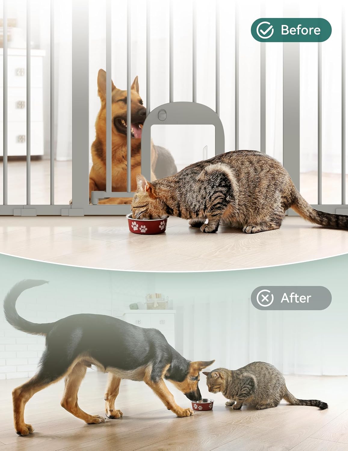 Upgraded Baby Gate with Adjustable Cat Door, CatPrivilege Ⅲ, 29-43" Auto Close Durable Dog Gate for Stairs, Doorways and House, Easy Walk Thru Safety Gate with Pet Door, White
