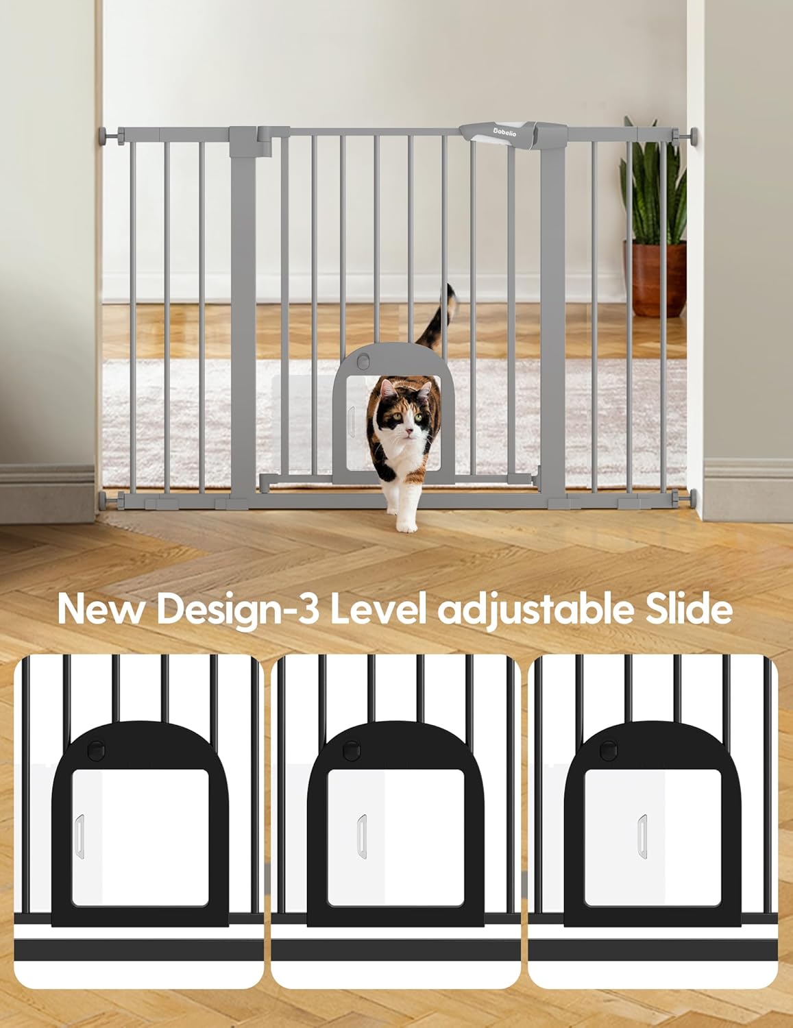 Upgraded Baby Gate with Adjustable Cat Door, CatPrivilege Ⅲ, 29-43" Auto Close Durable Dog Gate for Stairs, Doorways and House, Easy Walk Thru Safety Gate with Pet Door, White