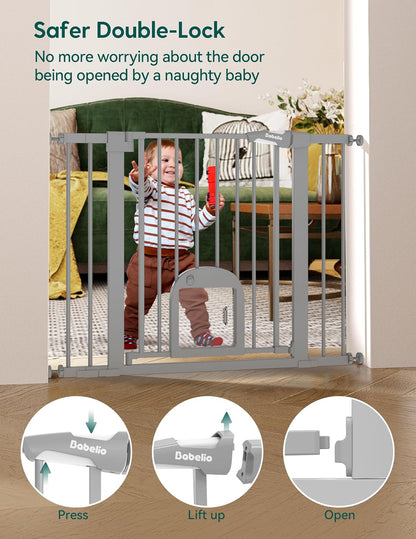 Upgraded Baby Gate with Adjustable Cat Door, CatPrivilege Ⅲ, 29-43" Auto Close Durable Dog Gate for Stairs, Doorways and House, Easy Walk Thru Safety Gate with Pet Door, White