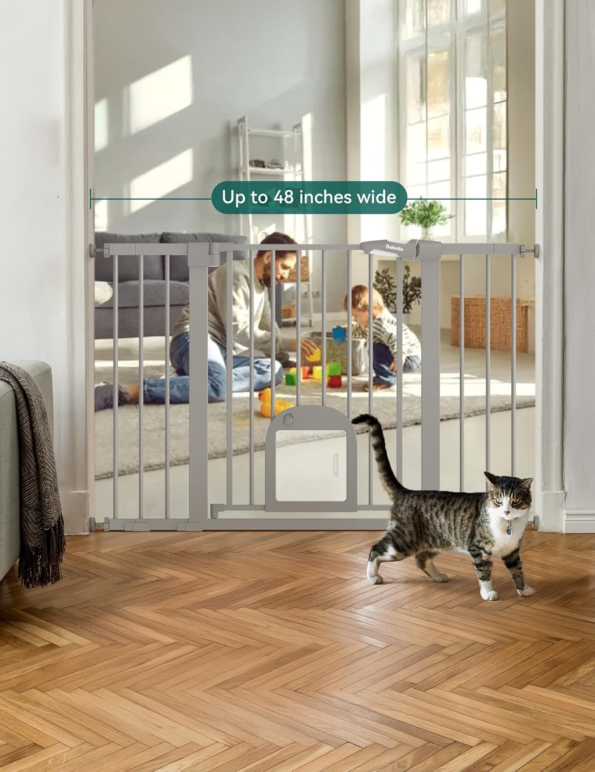 Upgraded Baby Gate with Adjustable Cat Door, CatPrivilege Ⅲ, 29-43" Auto Close Durable Dog Gate for Stairs, Doorways and House, Easy Walk Thru Safety Gate with Pet Door, White