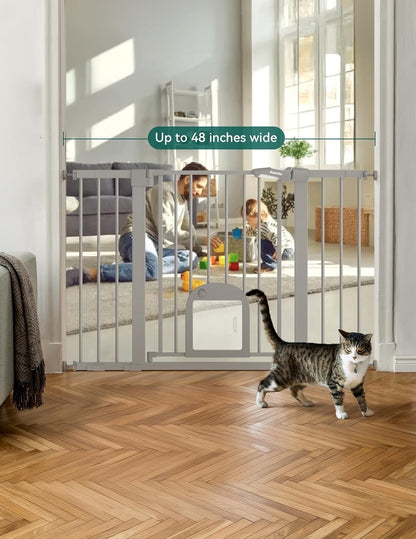 Upgraded Baby Gate with Adjustable Cat Door, CatPrivilege Ⅲ, 29-43" Auto Close Durable Dog Gate for Stairs, Doorways and House, Easy Walk Thru Safety Gate with Pet Door, White