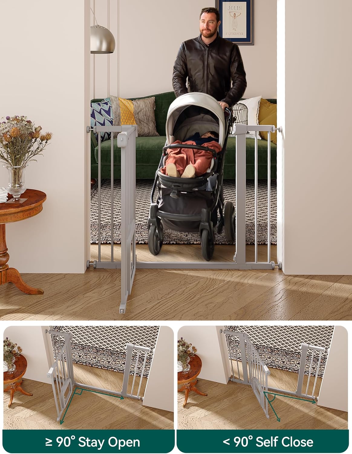 Upgraded Baby Gate with Adjustable Cat Door, CatPrivilege Ⅲ, 29-43" Auto Close Durable Dog Gate for Stairs, Doorways and House, Easy Walk Thru Safety Gate with Pet Door, White