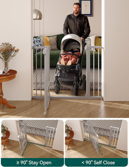 Upgraded Baby Gate with Adjustable Cat Door, CatPrivilege Ⅲ, 29-43" Auto Close Durable Dog Gate for Stairs, Doorways and House, Easy Walk Thru Safety Gate with Pet Door, White