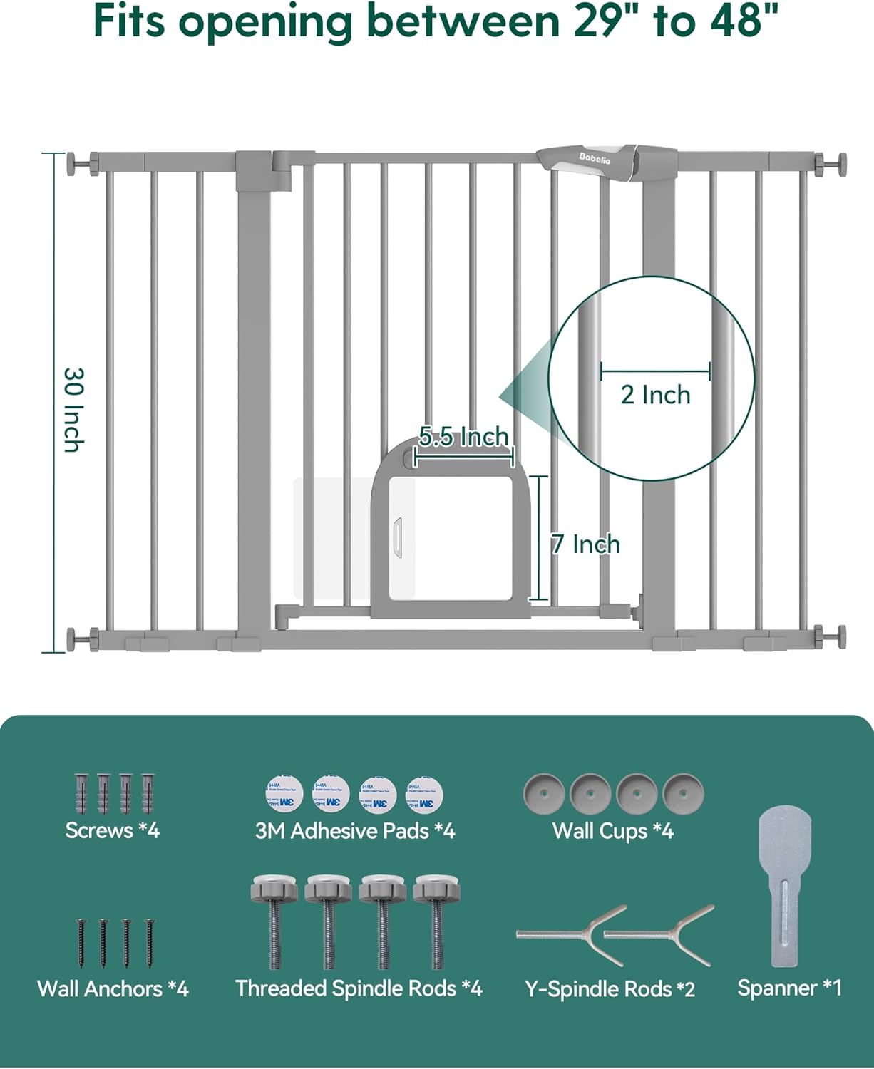Upgraded Baby Gate with Adjustable Cat Door, CatPrivilege Ⅲ, 29-43" Auto Close Durable Dog Gate for Stairs, Doorways and House, Easy Walk Thru Safety Gate with Pet Door, White