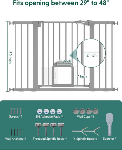 Upgraded Baby Gate with Adjustable Cat Door, CatPrivilege Ⅲ, 29-43" Auto Close Durable Dog Gate for Stairs, Doorways and House, Easy Walk Thru Safety Gate with Pet Door, White