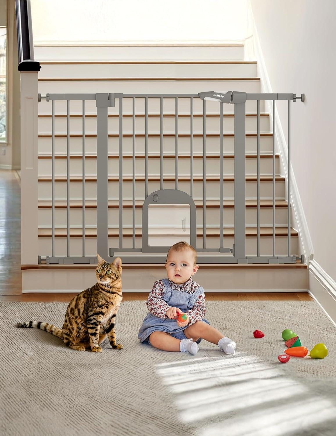 Upgraded Baby Gate with Adjustable Cat Door, CatPrivilege Ⅲ, 29-43" Auto Close Durable Dog Gate for Stairs, Doorways and House, Easy Walk Thru Safety Gate with Pet Door, White